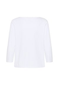 T-shirt blanc uni à manches longues avec un ourlet droit et un col rond large, montré de dos sur un fond blanc.