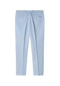Pantaloni azzurri chiari realizzati in tessuto intrecciato, con vita piatta, due tasche posteriori con bottoni e gamba dritta.