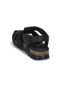 Sandalia negra con un upper texturizado, una media suela de corcho y correas ajustables para un ajuste seguro. Suela antideslizante para mejor agarre.