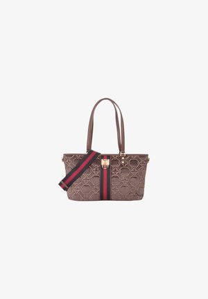 Bruine totebag met textuur, voorzien van dubbele handvatten, een afneembare riem met rood-zwarte strepen en een goudkleurig sluitdetail.