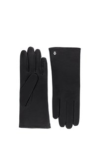 Black leather gloves with five fingers, smooth texture, slightly extended cuff, and a metallic logo accent near the wrist.