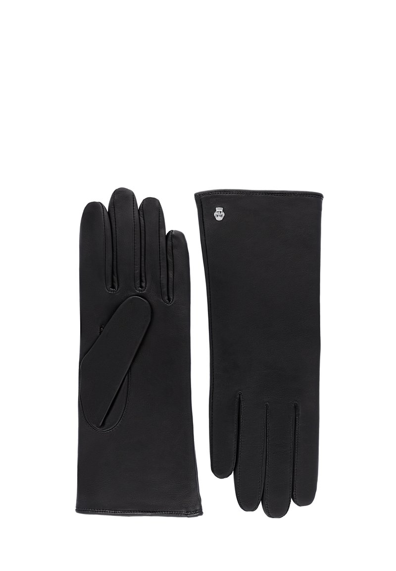 Black leather gloves with five fingers, smooth texture, slightly extended cuff, and a metallic logo accent near the wrist.