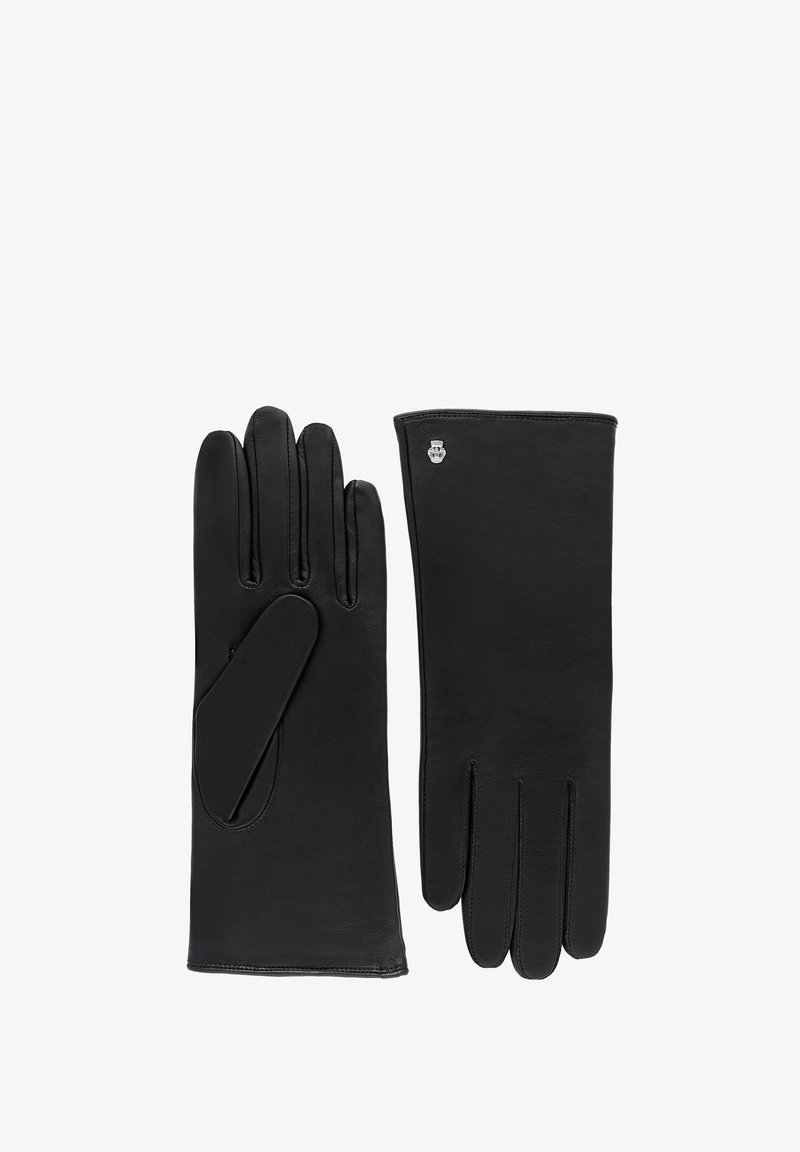 Black leather gloves with five fingers, smooth texture, slightly extended cuff, and a metallic logo accent near the wrist.