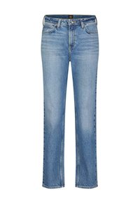 Lichtblauwe denim jeans met een rechte pijp, subtiele vervaging, vijf-pocket ontwerp en een klassieke knoopsluiting bij de taille.