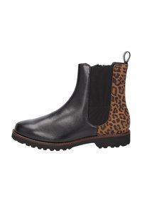 Black leather Chelsea boots with elastic side panels and a leopard print back. They feature a sturdy rubber sole with a textured tread.