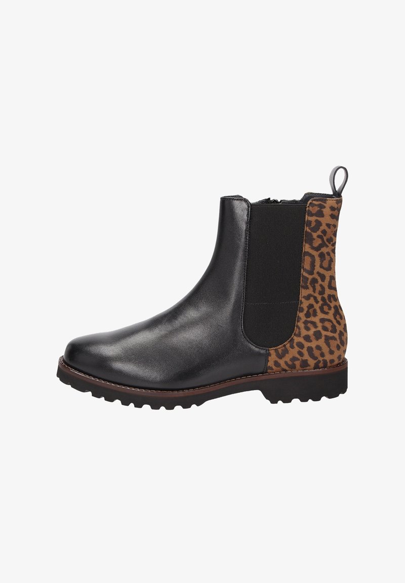 Zwarte leren Chelsea-boots met elastische zijkanten en een leopardenprint aan de achterkant. Ze hebben een stevige rubberen zool met een geprofileerde loopvlak.
