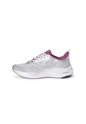 Light gray and purple running shoe with mesh upper, thick white cushioned sole labeled C-TECH FOAM, and laces on a white background.