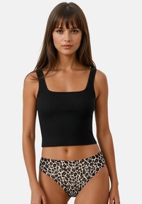Black ribbed crop top with square neckline, paired with beige leopard-print bikini bottoms featuring black accents.