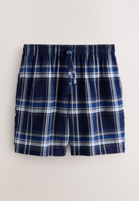 Shorts à carreaux bleus et blancs pour hommes, avec taille élastique et cordon, posés à plat sur un fond neutre uni.