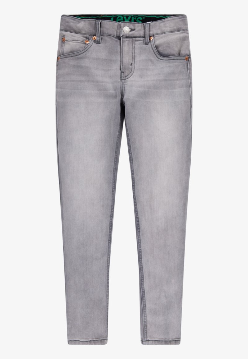 Jeans de mezclilla gris con un corte ajustado, que cuentan con cinco bolsillos, remaches de cobre y una etiqueta de cinturón visible. Textura suave y color uniforme.