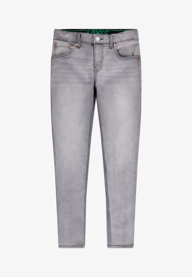 Grå denimjeans med slim fit, med fem lommer, kopperrivetter og en synlig belteetikett. Glatt tekstur og jevn farge.