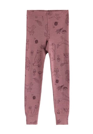 Børne-lilla leggings med mørke dyre- og naturprints, herunder bjørne, ræve, ugler, snegle, svampe og blade.