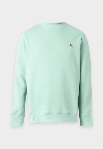 Sweat-shirt vert clair à manches longues avec encolure ronde et petit logo zèbre brodé sur la poitrine gauche.