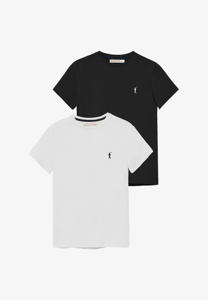 Två kortärmade t-shirts: en svart, en vit. Båda har en rund halsringning och en liten logotyp på bröstet. Tillverkade av mjukt tyg.