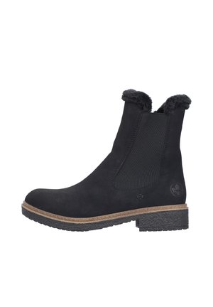 Schwarze Knöchelstiefel aus Wildleder mit Gummisohle, ausgestattet mit elastischen Seiteneinsätzen, einem Kunstfellkragen und einem Logo-Details an der Seite.