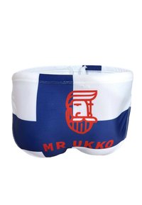 Herren-Badehosen mit einem Design in Blau und Weiß, das die finnische Flagge zeigt, ergänzt durch rote Akzente. Auf der Vorderseite sind der Text "MR UKKO" sowie ein grafisches Logo abgebildet.
