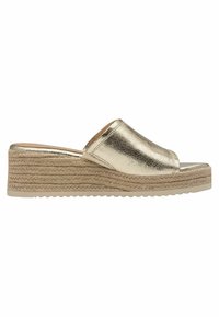 Zlaté metalické klínové sandály na slip-on s jute obalenou platformou, s hladkým povrchem a otevřenou špičkou. Gumová podrážka s jemným vzorem.