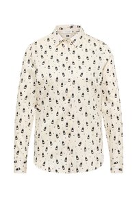 Langærmet skjorte i cremefarvet stof med sort flaske- og stjernemønster. Har klassisk krave og knaplukning. Glat tekstur.