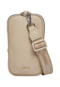 Beige faux leather phone pouch with zipper closure, adjustable fabric strap, and s.Oliver logo on the front. Smooth texture, rectangular shape.