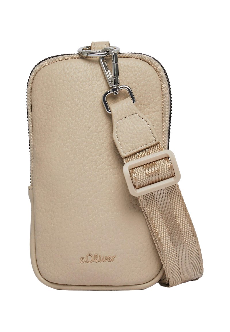 Beige faux leather phone pouch with zipper closure, adjustable fabric strap, and s.Oliver logo on the front. Smooth texture, rectangular shape.