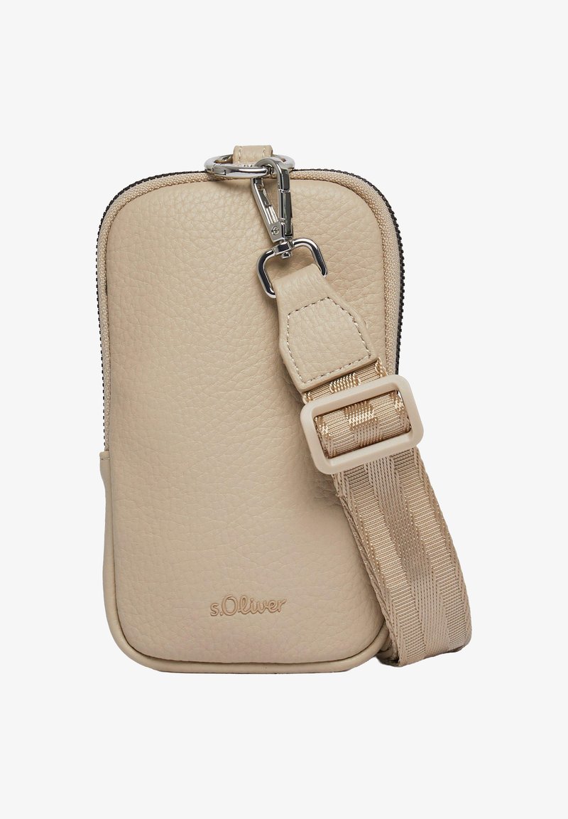 Beige faux leather phone pouch with zipper closure, adjustable fabric strap, and s.Oliver logo on the front. Smooth texture, rectangular shape.