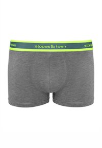 Szare bokserki wykonane z miękkiego materiału o dopasowanym kroju. Pas ma jasną zieleń i niebieskie logo. Brak wyraźnych wzorów.
