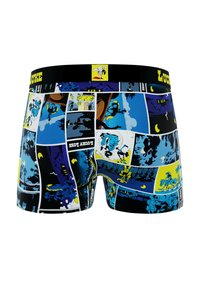 Boxer-briefs avec un imprimé de bande dessinée en bleu, noir et jaune. Ceinture noire avec le logo "LUCKY LUKE" et panneaux illustrés vibrants.