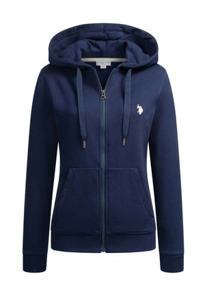Navy blue zip-up hoodie made of soft fabric, featuring a kangaroo pocket, adjustable drawstring hood, and small embroidered logo on the chest.