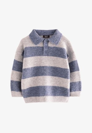 Langärmliger Strickpullover mit horizontalen Streifen in Blau und Grau, Drei-Knopf-Leiste und weichem Kragen, geeignet für Kinder.