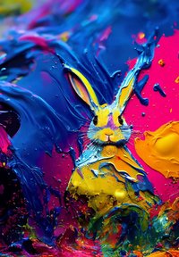 De la peinture texturée colorée forme un lapin détaillé avec des teintes jaunes, bleues et roses sur un arrière-plan vif rose et bleu.
