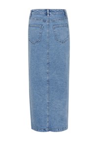 Light blue denim skirt with a straight cut, ankle-length, featuring two back pockets and subtle stitching details.