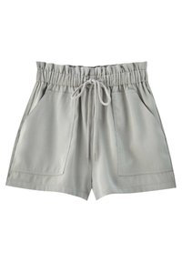 Shorts gris clair en tissu mélange de coton. Comprend une ceinture élastique avec un cordon de serrage et deux poches plaquées à l'avant.