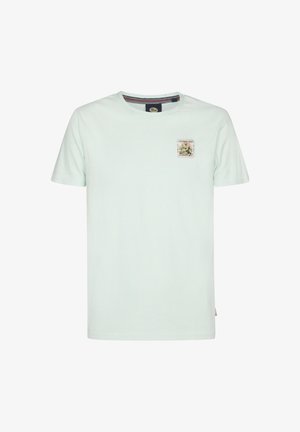 T-shirt à manches courtes vert menthe clair en coton. Présente un petit patch graphique sur la poitrine gauche et un col rond.