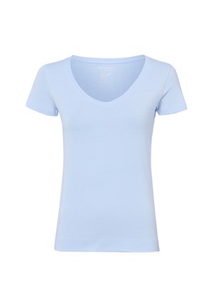Jasnoniebieska damska koszulka z krótkim rękawem i dekoltem w serek, o dopasowanym kroju i gładkiej tkaninie.