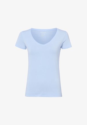 Jasnoniebieska damska koszulka z krótkim rękawem i dekoltem w serek, o dopasowanym kroju i gładkiej tkaninie.