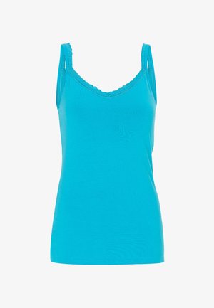 Débardeur sans manches turquoise vif avec une bordure en dentelle le long de l'encolure et des bretelles, vue de face sur fond blanc.