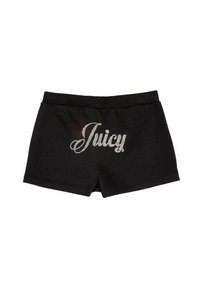 Fekete nadrág short, puha textúrával, hátul csillogó rhinestone "Juicy" logóval. Rugalmas derékpánt; laza dizájn.