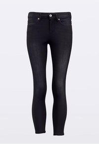 Black skinny jeans with a smooth texture, mid-rise waist, five-pocket design, and metallic button closure. Accented with pink stitching.