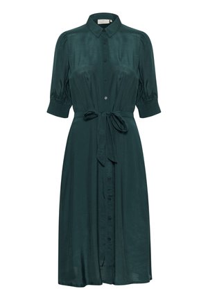 Dunkelgrünes Hemdblusenkleid mit kurzen Puffärmeln, tailliertem Gürtel und glatter Satin-Textur. Verfügt über eine Reihe von Vorderknöpfen und einen klassischen Kragen.