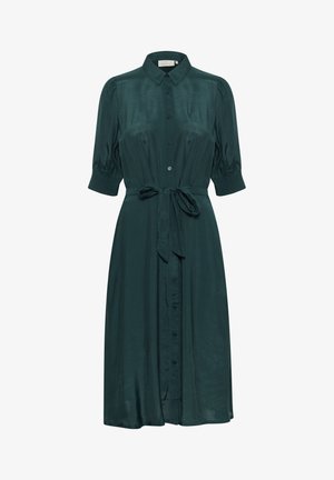 Vestido de botonadura en verde oscuro con mangas cortas acampanadas, cintura ceñida y textura de satén suave. Presenta botones frontales y un cuello clásico.