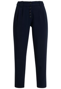 Granatowe spodni z wysokim stanem, kantami i zapięciem na guzik z sześcioma czarnymi guzikami z przodu. Gładka faktura materiału.