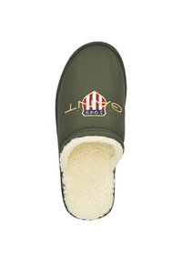 Olive green slipper with a soft, cream-colored fleece lining. Features an embroidered logo with red and white stripes and yellow text.