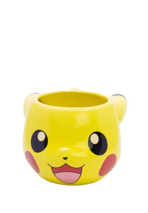 Yellow ceramic cup shaped like Pikachu's head with large eyes, red cheeks, and an open smiling mouth.
