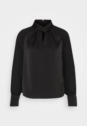 Must must blouse kõrge kaelusega, plisseeritud detailidega kaeluses ja pikkade varrukatega, millel on kitsad mansetid. Sile tekstuur, minimalistlik disain.