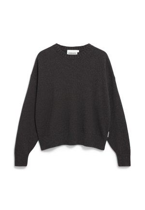 Pull en maille gris foncé à manches longues avec col rond, poignets et ourlet côtelés, coupe légèrement oversize, posé à plat sur un fond blanc.