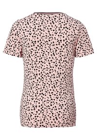Short-sleeve pink t-shirt with black splatter pattern, soft fabric, round neckline, and contrasting black trim at the collar.