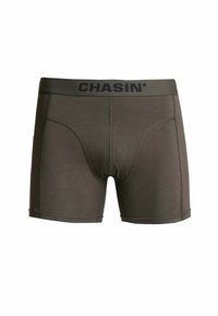 Moške bokserice temno sive barve iz blaga z črnim elastičnim pasom, na katerem je napis "CHASIN'". Gladka tekstura, prilegajoča se zasnova in srednja dolžina.