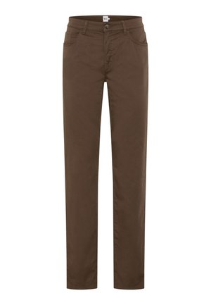 Pantalon marron à jambes droites avec fermeture à boutons et zip à l'avant, passants pour ceinture et poches avant, présenté sur un fond blanc.