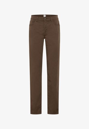 Pantalon marron à jambes droites avec fermeture à boutons et zip à l'avant, passants pour ceinture et poches avant, présenté sur un fond blanc.