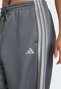 Sivé športové nohavice s nastaviteľným šnúrkou v páse, tromi bielymi pruhmi na boku a jemným logom na stehne.